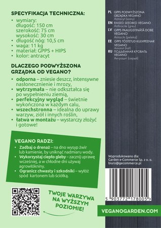 Warzywniak - podwyższona grządka - szary GPPS - Vegano - 150 x 75 x 30 cm