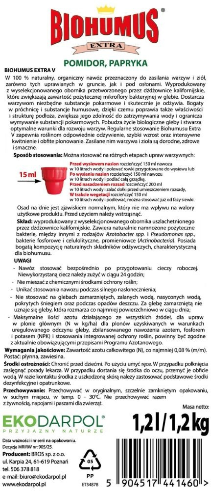 Biohumus Extra Pomidor Papryka 1,2 l Ekodarpol